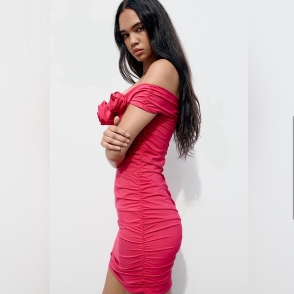 New ZARA Textured Flower Draped Dress - Picture 3 of 8